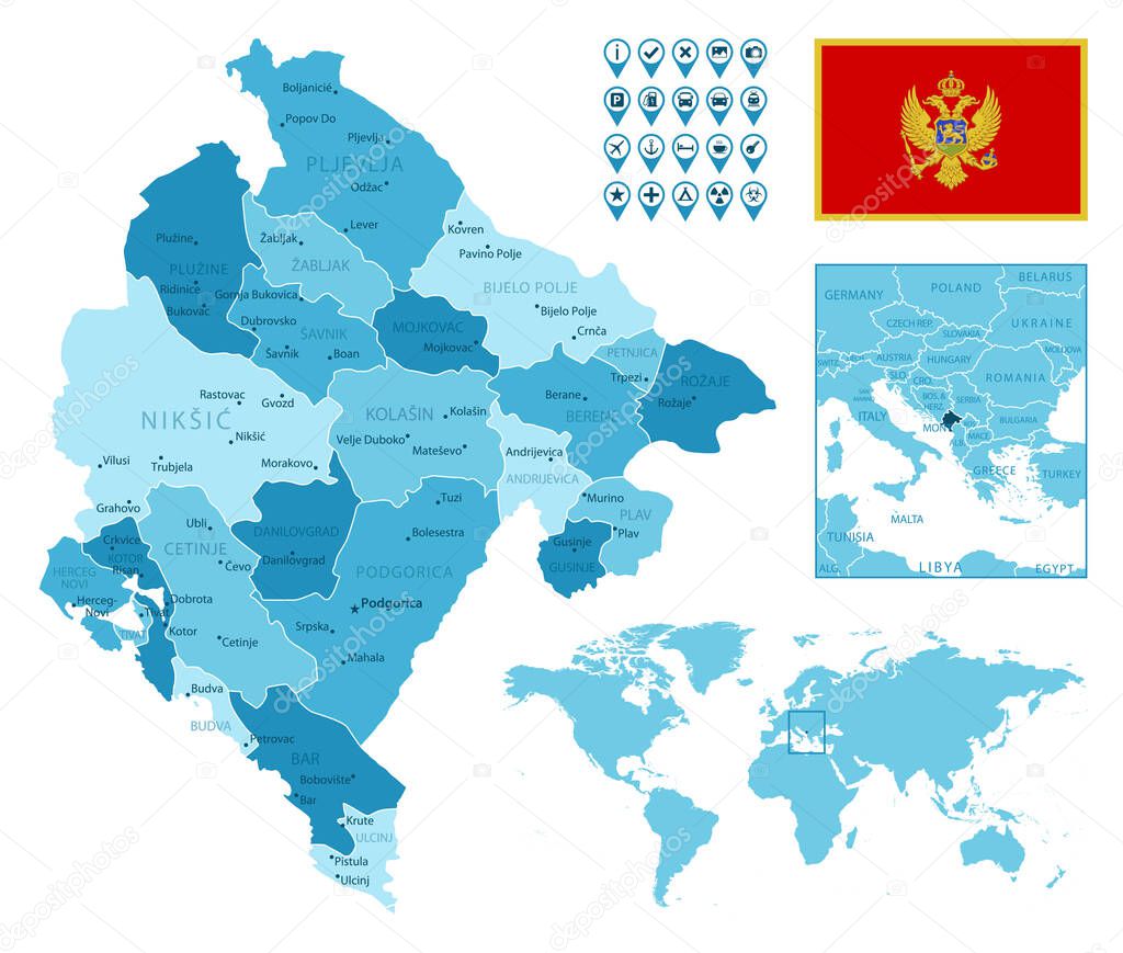Montenegro detailed administrative blue map with country flag and location on the world map.