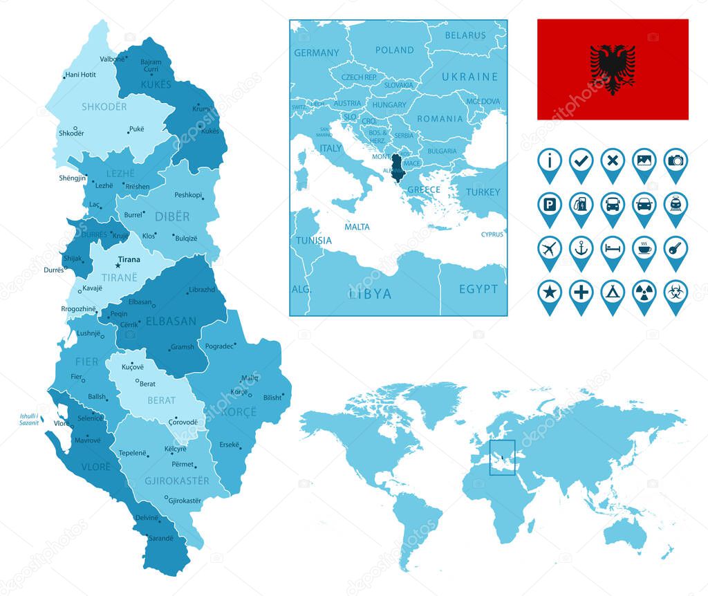 Albania detailed administrative blue map with country flag and location on the world map.