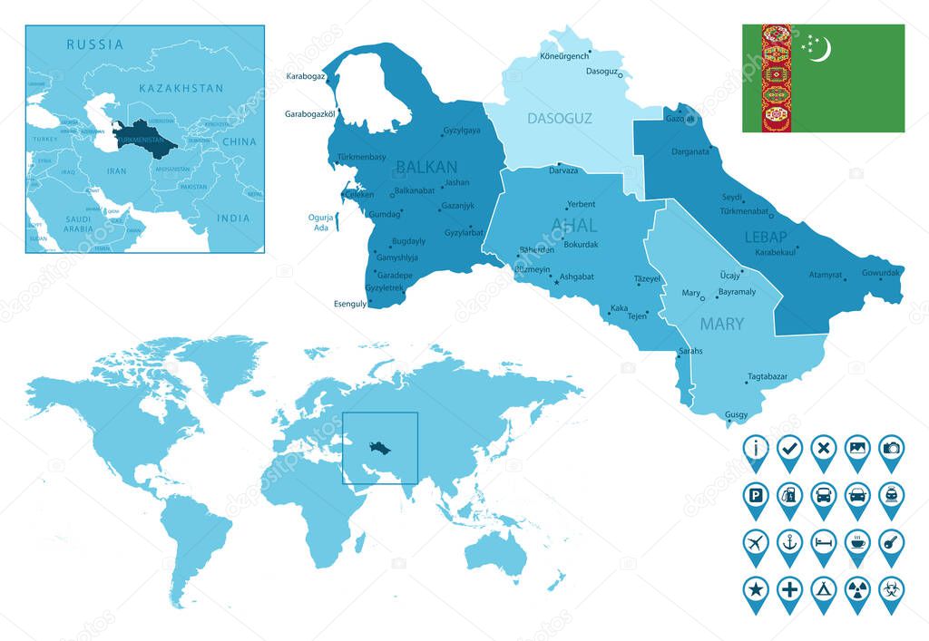 Turkmenistan detailed administrative blue map with country flag and location on the world map.