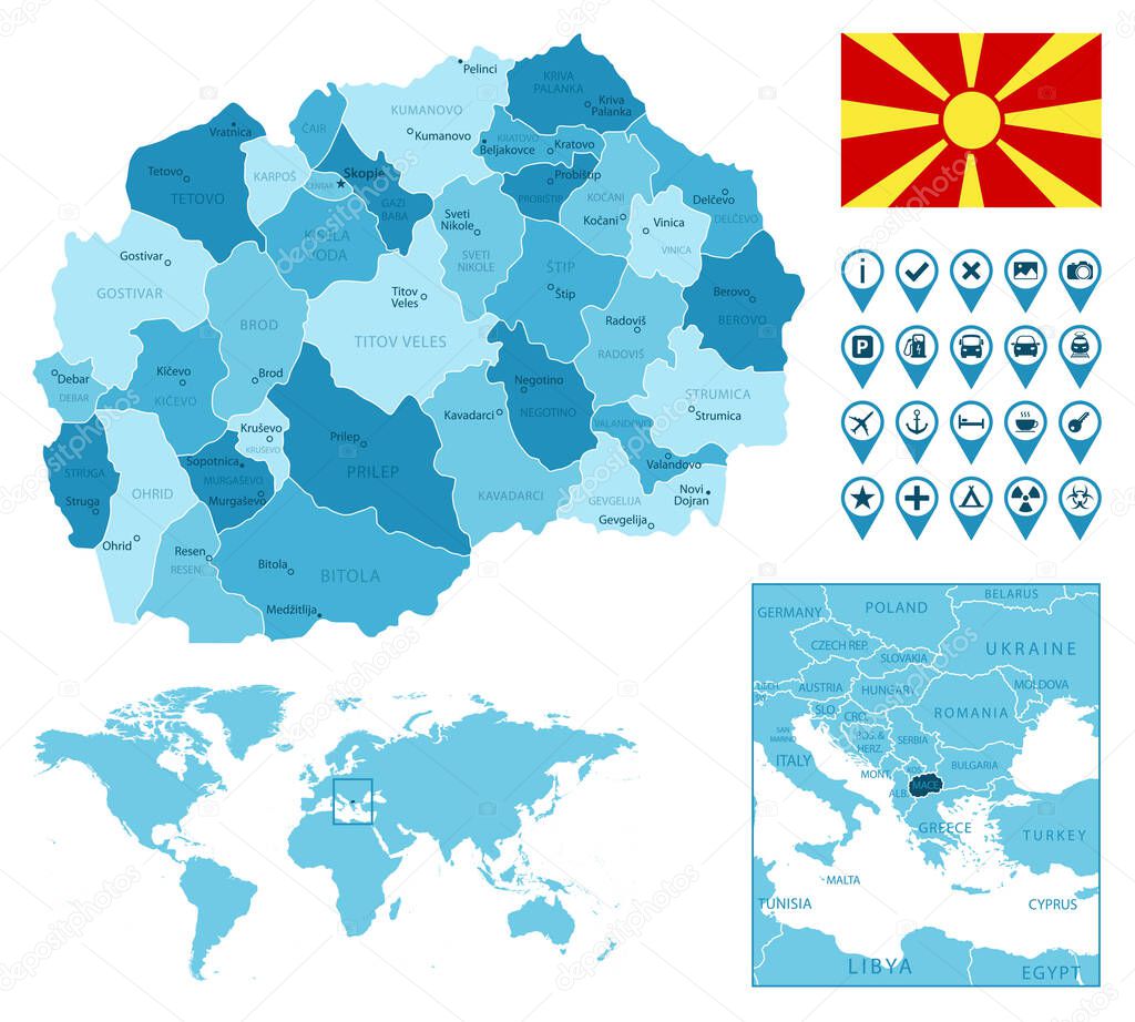 Macedonia detailed administrative blue map with country flag and location on the world map.
