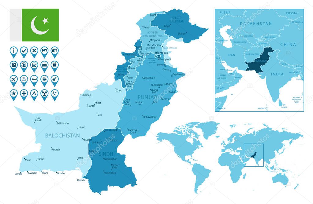 Pakistan detailed administrative blue map with country flag and location on the world map.