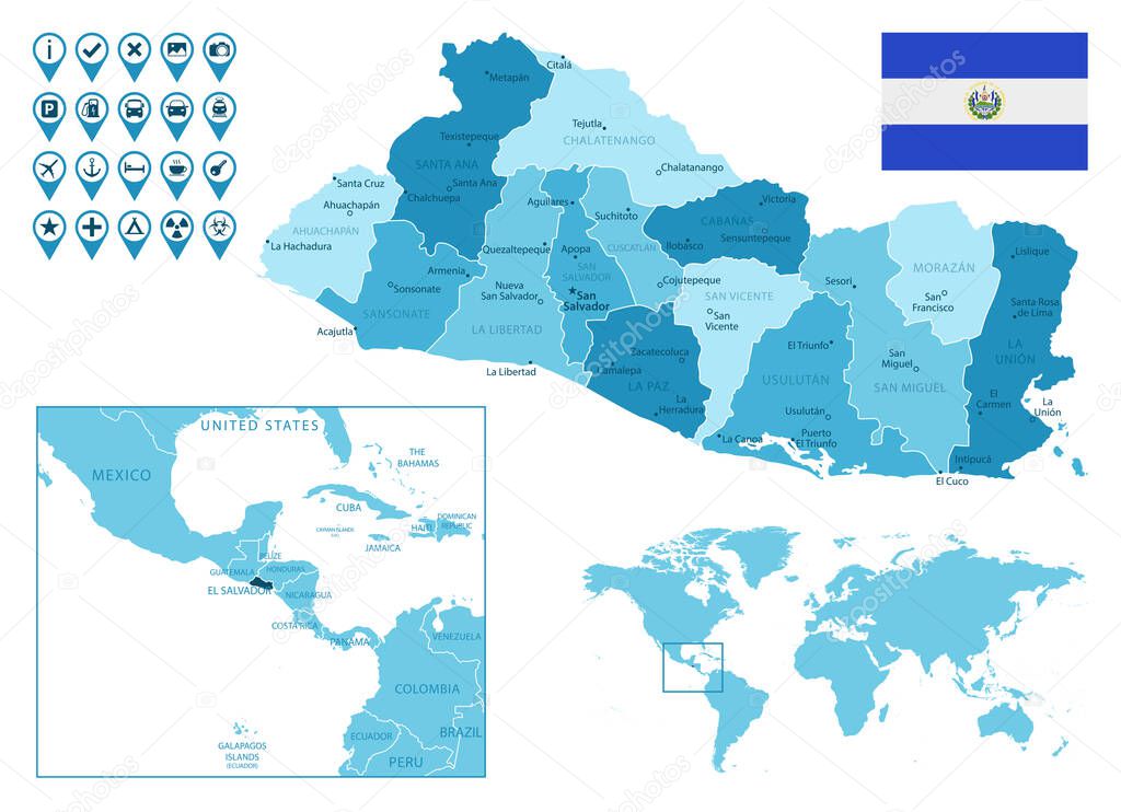 El Salvador detailed administrative blue map with country flag and location on the world map.