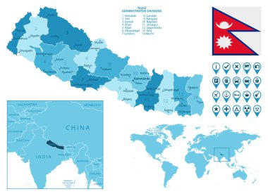 Nepal detailed administrative blue map with country flag and location on the world map.