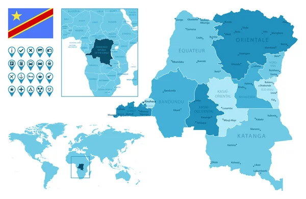 República Democrática del Congo mapa azul administrativo detallado con bandera del país y ubicación en el mapa del mundo. — Vector de stock