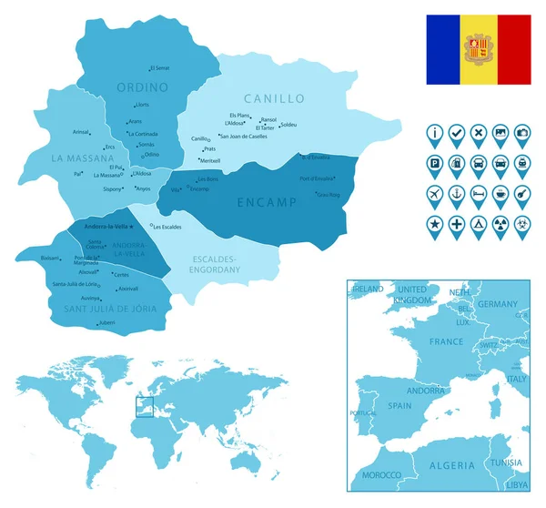 Andorra mapa azul administrativo detallado con bandera del país y ubicación en el mapa del mundo. — Archivo Imágenes Vectoriales