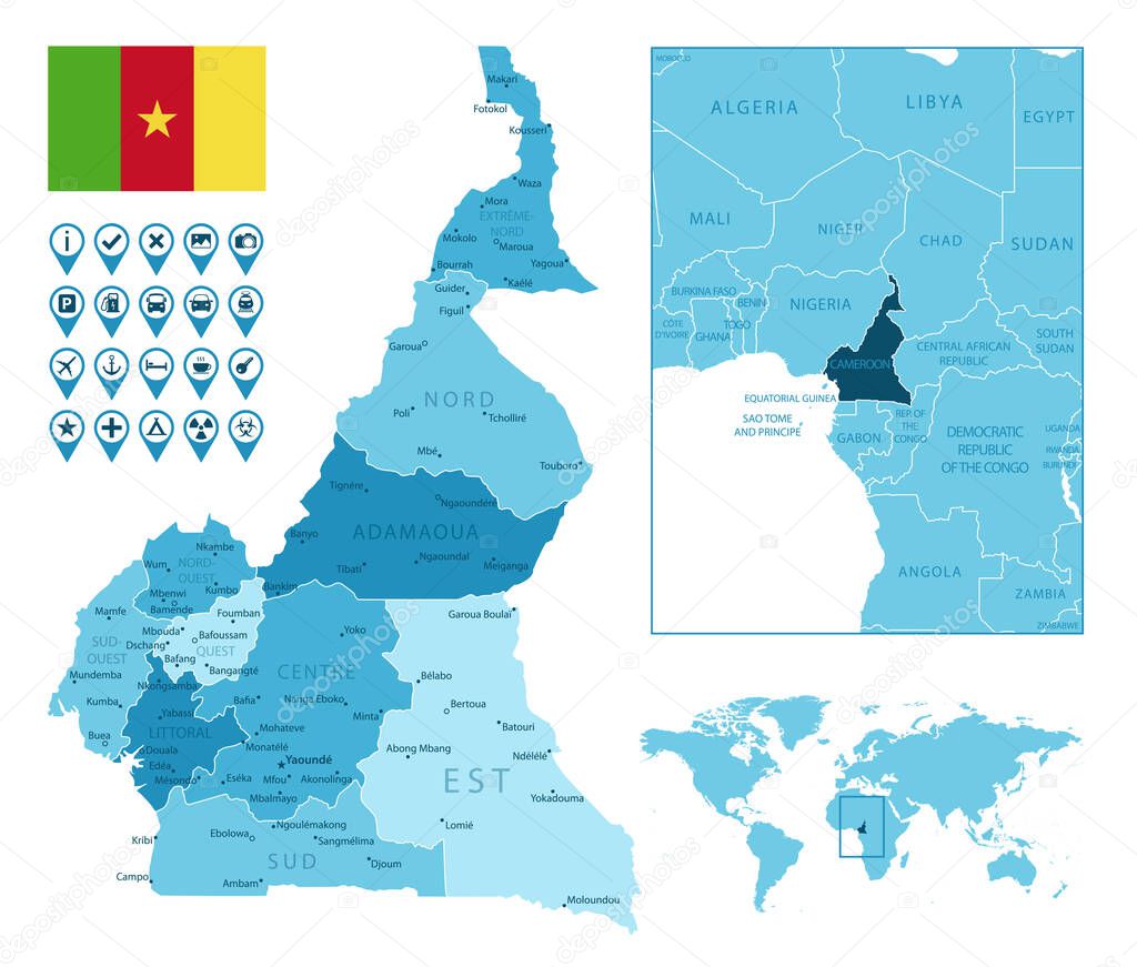 Cameroon detailed administrative blue map with country flag and location on the world map.