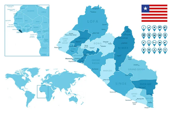 라이베리아는 지도에 국가의 위치가 행정푸른 지도를 상세하게 그렸다 일러스트 — 스톡 벡터