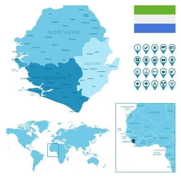 Sierra Leona Mapa Azul Administrativo Detallado Con Bandera Del País — Vector de stock