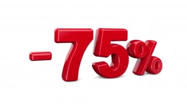 Beyaz arka planda% 75 indirim, özel teklif, harika teklif, satış. % 75 beyaz üzerine parlak kırmızı bir metin. Alfa kanallı 3B canlandırma