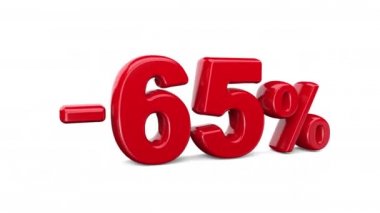 Beyaz arka planda% 65 indirim, özel teklif, harika teklif, satış. % 65 beyaz üzerine parlak kırmızı bir metin. Alfa kanallı 3B canlandırma