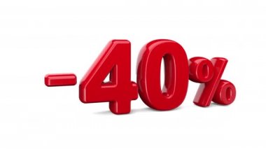 Beyaz arka planda% 40 indirim, özel teklif, harika teklif, satış. % 40 beyaz üzerine parlak kırmızı bir metin. Alfa kanallı 3B canlandırma