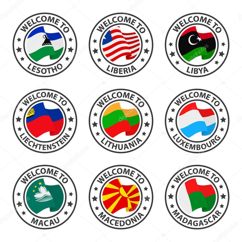 Collection of icons welcome to. Parts 12 of 23. Stamp welcome to with country flag