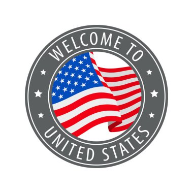 Birleşik Devletler 'e hoş geldiniz. Kırsal bayrak sallayan gri bir damga. Hoş geldin simgeleri koleksiyonu.