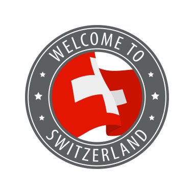 İsviçre 'ye hoş geldiniz. Kırsal bayrak sallayan gri bir damga. Hoş geldin simgeleri koleksiyonu.