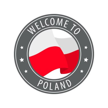 Polonya 'ya hoş geldiniz. Kırsal bayrak sallayan gri bir damga. Hoş geldin simgeleri koleksiyonu.