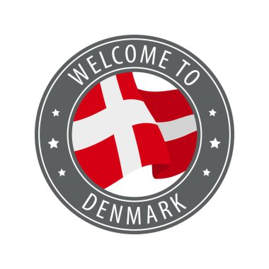 Danimarka 'ya hoş geldiniz. Kırsal bayrak sallayan gri bir damga. Hoş geldin simgeleri koleksiyonu.