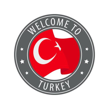 Türkiye 'ye hoş geldiniz. Kırsal bayrak sallayan gri bir damga. Hoş geldin simgeleri koleksiyonu.