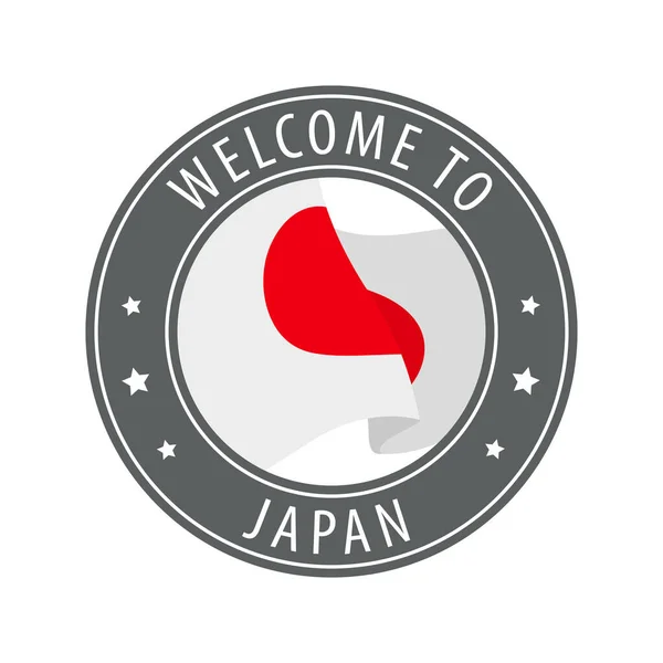 Bienvenido Japón Sello Gris Con Una Bandera Del País Ondeando — Vector de stock