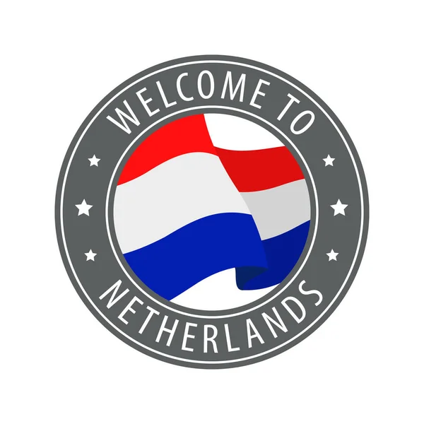 Bienvenidos Holanda Sello Gris Con Una Bandera Del País Ondeando — Vector de stock