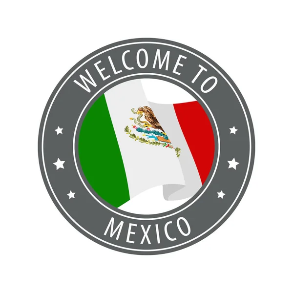 Bienvenido México Sello Gris Con Una Bandera Del País Ondeando — Vector de stock