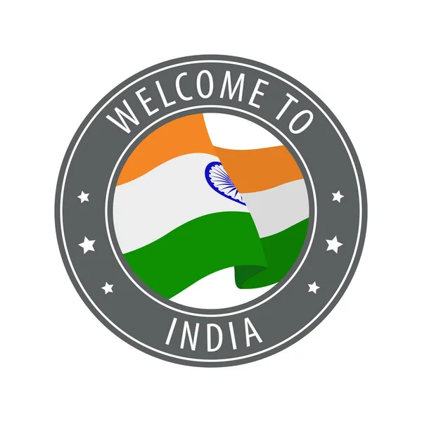 Bienvenido India Sello Gris Con Una Bandera Del País Ondeando — Vector de stock