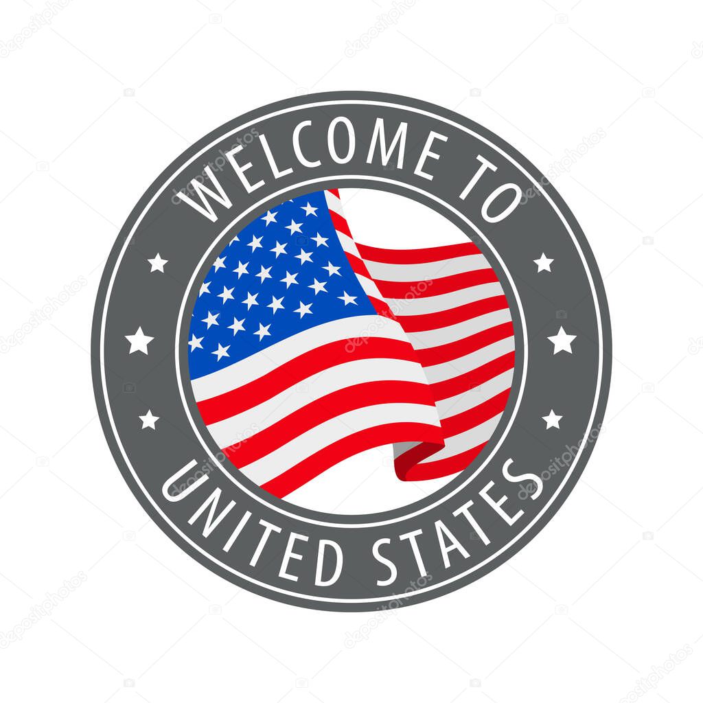 Welcome to United States. Gray stamp with a waving country flag. Collection of welcome icons.