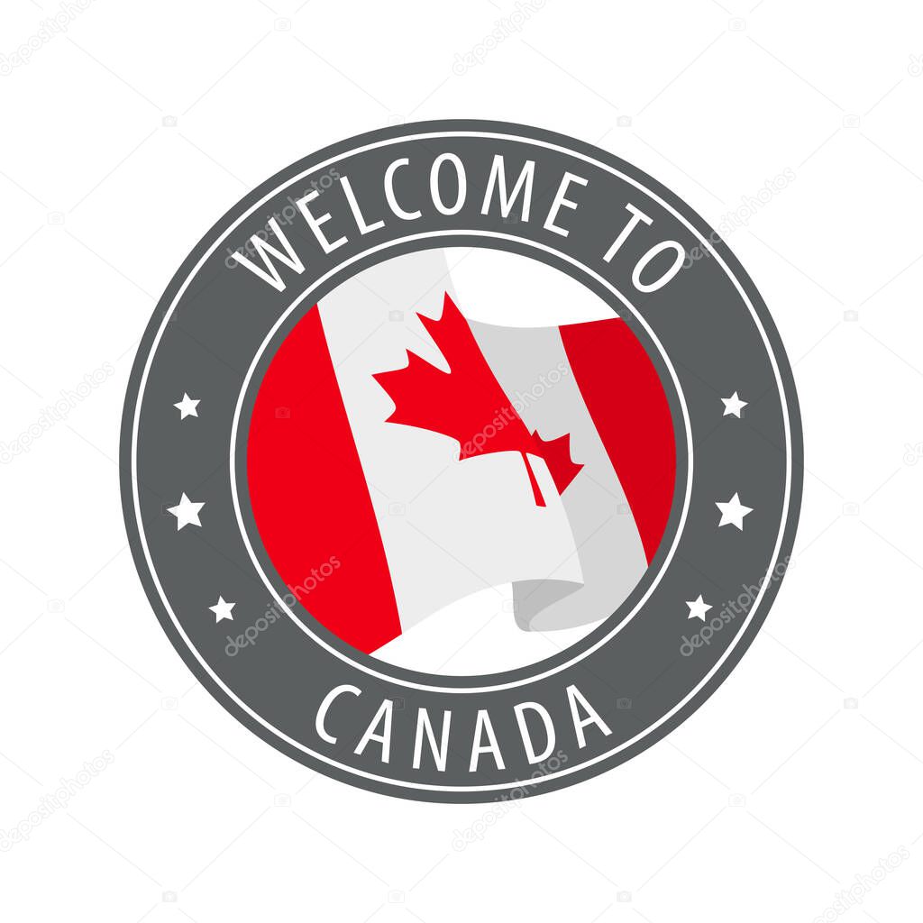 Welcome to Canada. Gray stamp with a waving country flag. Collection of welcome icons.
