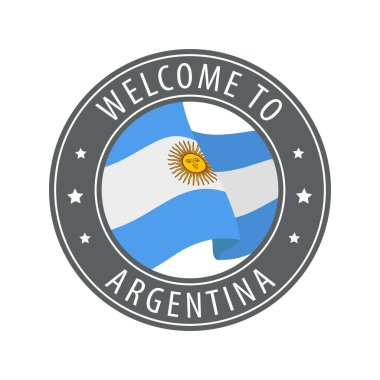 Arjantin 'e hoş geldiniz. Kırsal bayrak sallayan gri bir damga. Hoş geldin simgeleri koleksiyonu.