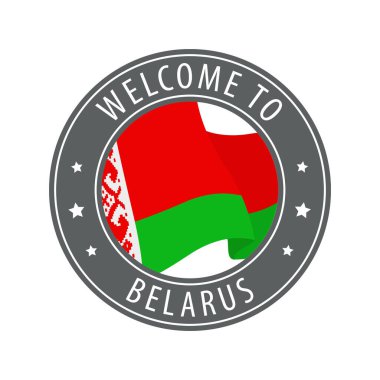 Beyaz Rusya 'ya hoş geldiniz. Kırsal bayrak sallayan gri bir damga. Hoş geldin simgeleri koleksiyonu.