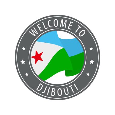 Cibuti 'ye hoş geldiniz. Kırsal bayrak sallayan gri bir damga. Hoş geldin simgeleri koleksiyonu.