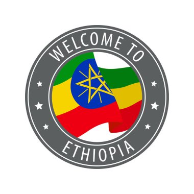 Etiyopya 'ya hoş geldiniz. Kırsal bayrak sallayan gri bir damga. Hoş geldin simgeleri koleksiyonu.