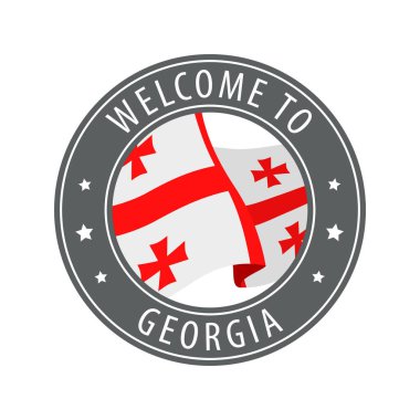 Georgia 'ya hoş geldiniz. Kırsal bayrak sallayan gri bir damga. Hoş geldin simgeleri koleksiyonu.