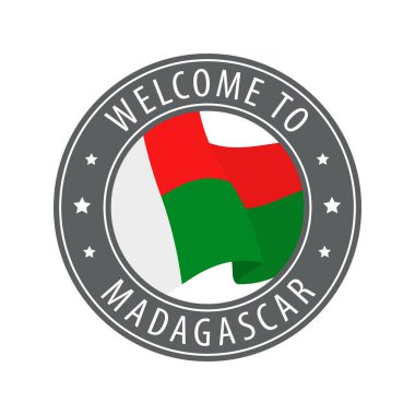 Madagaskar 'a hoş geldiniz. Kırsal bayrak sallayan gri bir damga. Hoş geldin simgeleri koleksiyonu.