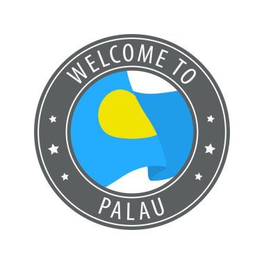 Palau 'ya hoş geldiniz. Kırsal bayrak sallayan gri bir damga. Hoş geldin simgeleri koleksiyonu.