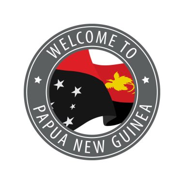 Papua Yeni Gine 'ye hoş geldiniz. Kırsal bayrak sallayan gri bir damga. Hoş geldin simgeleri koleksiyonu.