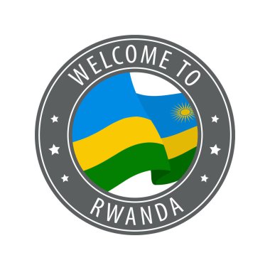 Ruanda 'ya hoş geldiniz. Kırsal bayrak sallayan gri bir damga. Hoş geldin simgeleri koleksiyonu.