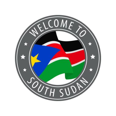 Güney Sudan 'a hoş geldiniz. Kırsal bayrak sallayan gri bir damga. Hoş geldin simgeleri koleksiyonu.