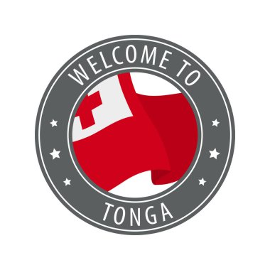 Tonga 'ya hoş geldiniz. Kırsal bayrak sallayan gri bir damga. Hoş geldin simgeleri koleksiyonu.