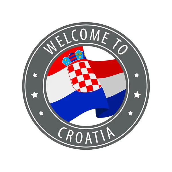 Bienvenue Croatie Timbre Gris Avec Drapeau Pays Agitant Collection Icônes — Image vectorielle