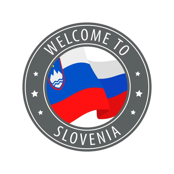 Bienvenue Slovénie Timbre Gris Avec Drapeau Pays Agitant Collection Icônes — Image vectorielle
