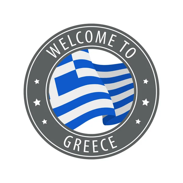 Bienvenido Grecia Sello Gris Con Una Bandera Del País Ondeando — Vector de stock