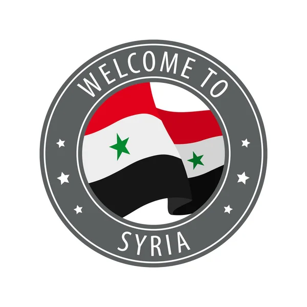 Welcome to Syria. Gray stamp with a waving country flag. — Stock Vector