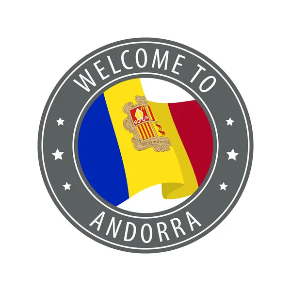 Bienvenido a Andorra. Sello gris con una bandera del país ondeando. — Vector de stock