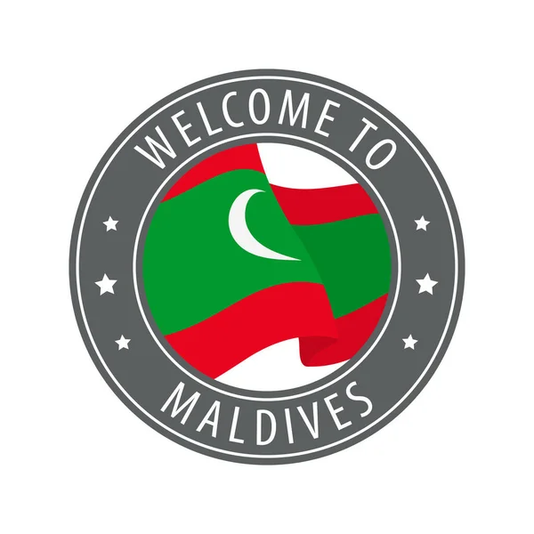 Üdvözöljük Maldív Szigeteken Szürke Pecsét Lengő Country Zászlóval Üdvözlő Ikonok — Stock Vector