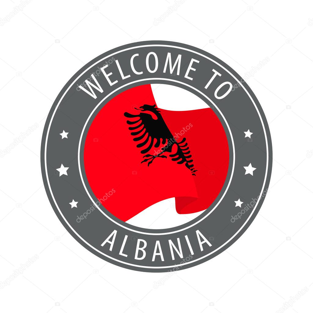 Welcome to Albania. Gray stamp with a waving country flag.