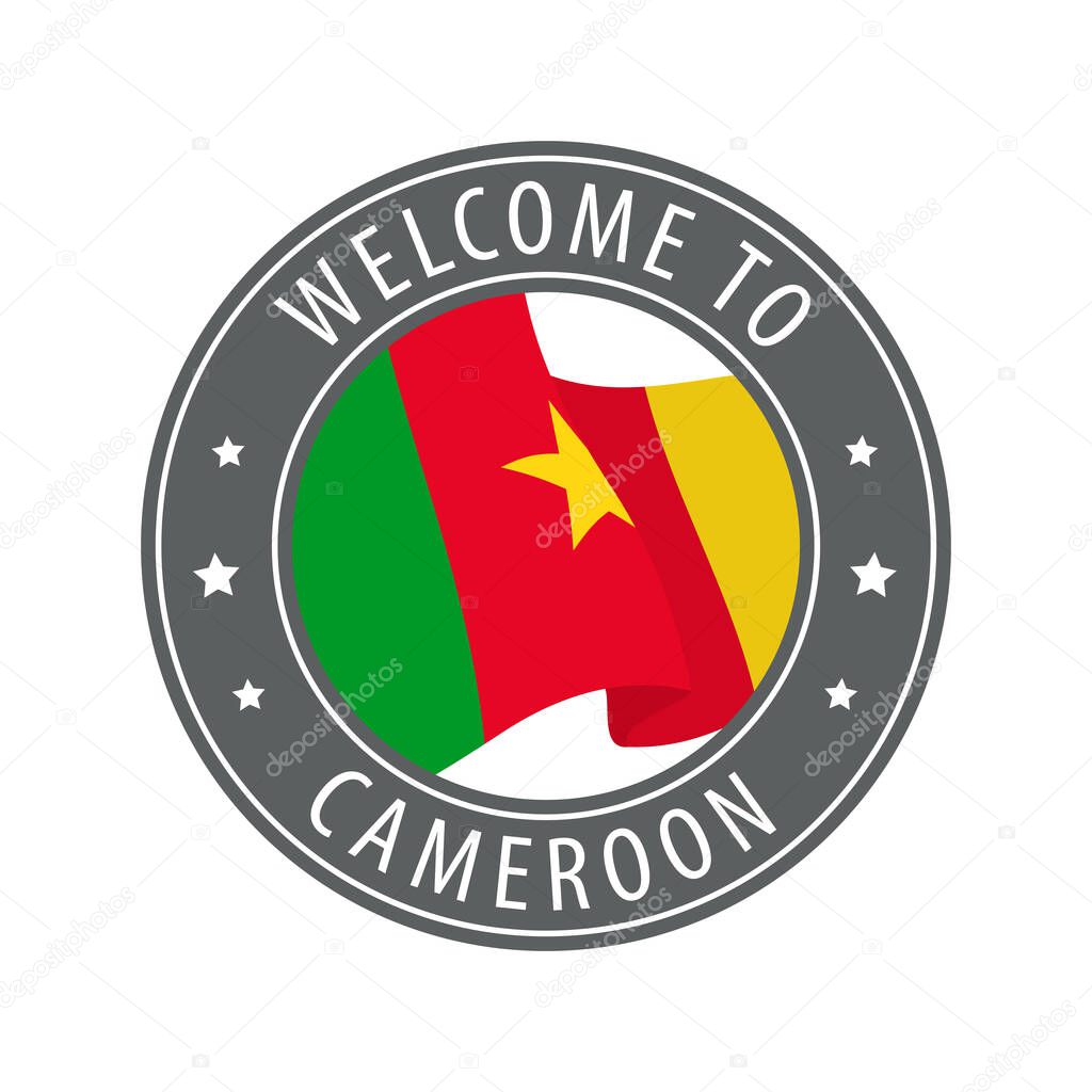 Welcome to Cameroon. Gray stamp with a waving country flag. Collection of welcome icons.