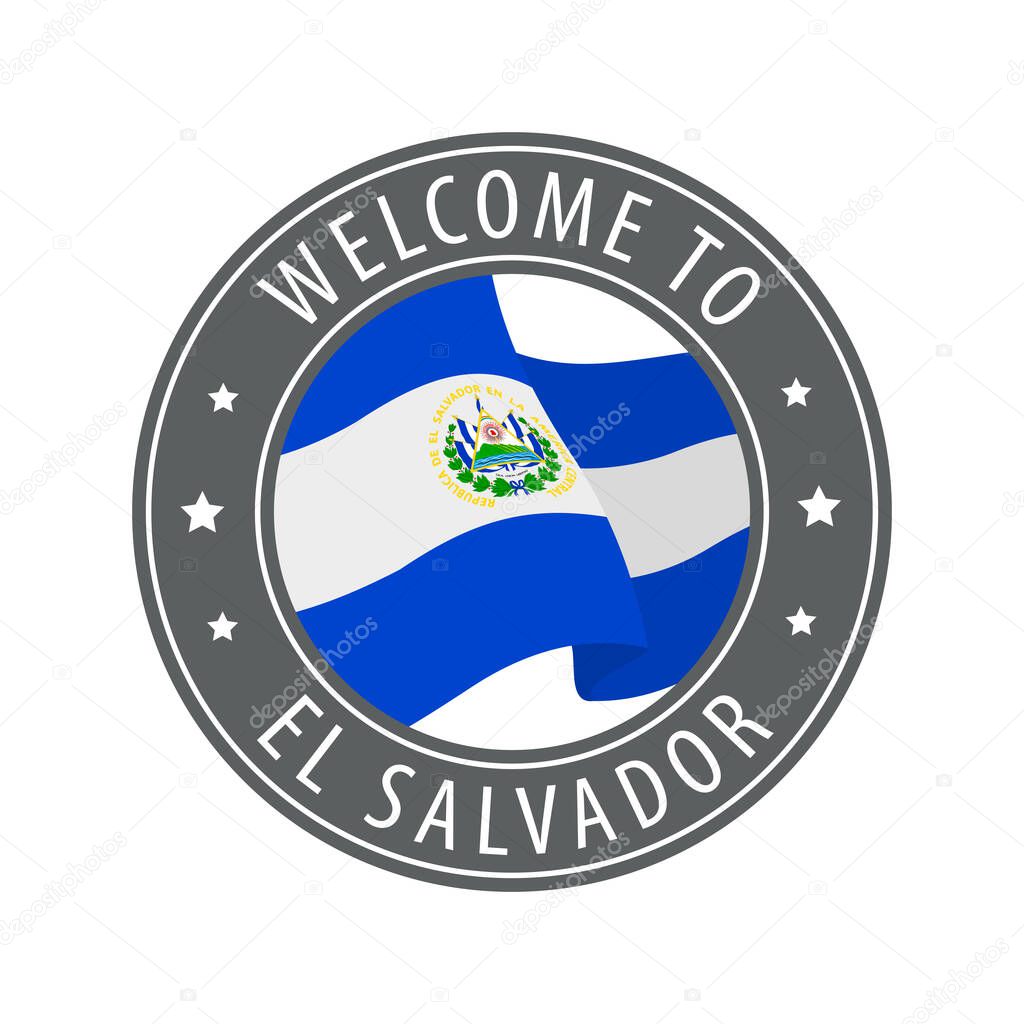 Welcome to El Salvador. Gray stamp with a waving country flag. Collection of welcome icons.