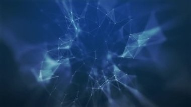 Alanın derinliğinde beyaz-mavi noktalar ve çizgiler hareket eden soyut dijital bağlantı. Teknoloji geçmişi. Ağ bağlantısı yapısı.