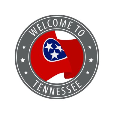 Tennessee 'ye hoş geldiniz. El sallayan eyalet bayrağıyla gri damga.