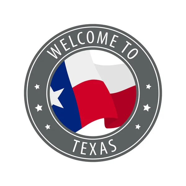 Καλώς ήρθατε στο Τέξας. Γκρι γραμματόσημο με κυματιστή σημαία κράτους. — Διανυσματικό Αρχείο